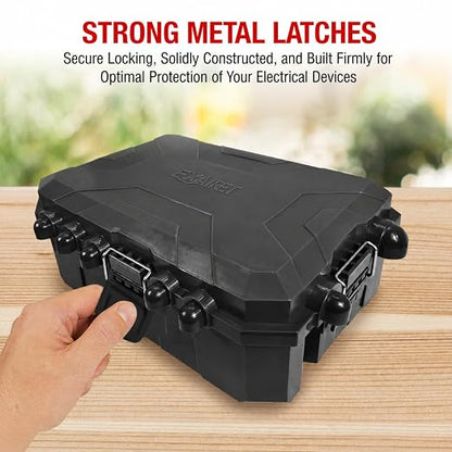 [IMPROVED MODEL] Large Outdoor Electrical Box-13 X 8.7 X 5.2 INCHES, MAXIMUM Water-Protection Extension Cord cover with Metal Latches, Power cord Box for Plugs, Outlets, Christmas Lights, strips.BLACK