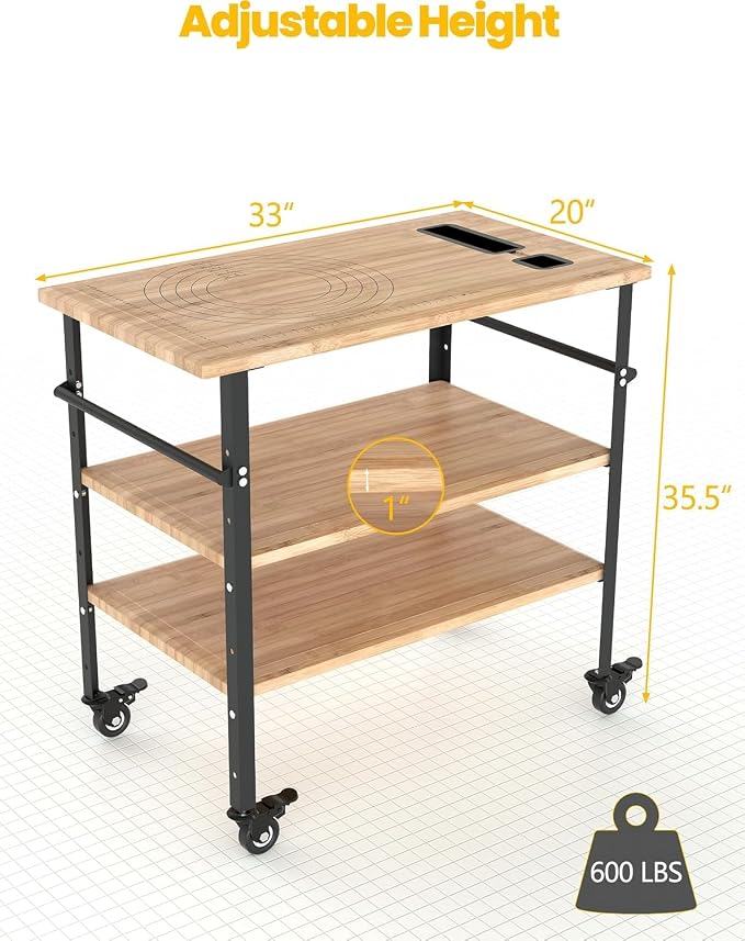 GarveeLife Pizza Oven Table 33 in x20 in x35.5 in, Outdoor Grill with 4 Wheels, Three-Shelf Bamboo Wood Bar Cart Dining Prep Food Prep & BBQ Grill Table, Wood Color