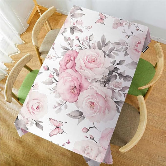 Swono Rectangle Tablecloth Rose Table Cover 52x70 Inch Watercolor Pink Flowers Roses and Leaves Heavy Duty Table Cloth for Rectangle Tables Decorative Tablecloth for Dining Party Camping BBQ