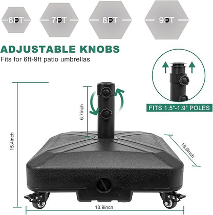 Patio Umbrella Base Heavy Duty with Wheels Square Market Stand for Outdoor 4 Locks 2 Knobs 125lb Capacity, Black