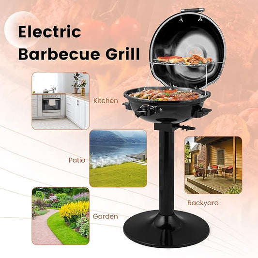 HAPPYGRILL 1600W Electric Grill Outdoor, Portable BBQ Grill with Warming Tray, Removable Non-Stick Grill Rack, Adjustable Temperature& Oil Drip Tray for Patio, Camping, Picnic (Balck)
