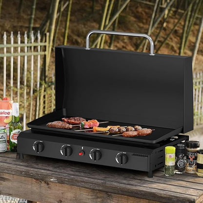 SKOK 4 Burner Gas Griddle with Hood- 30 Inch Outdoor Propane Griddle-60000 BTU Propane Fuelled, Portable Flat Top Gas Grill Camping Griddle with Lid for Outdoor BBQ, Camping
