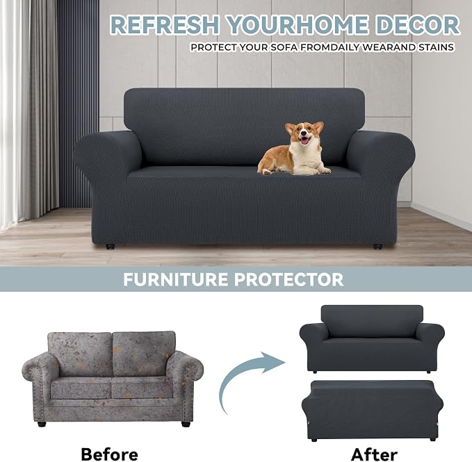 LURKA Loveseat Couch Cover 1 Piece 2 Cushion Sofa Slipcover, Dark Grey | Soft Stretch Jacquard, Fits 55"-78" Loveseats, Elastic Bottom for Secure Fit, Machine Washable, Pet & Kid Friendly