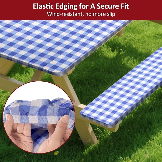 7ft 84in Picnic Table and Bench Cover, 3 Pack, Blue-White Checkered | Drawstring Bag, Waterproof Windproof, Elastic Fitted Edges Tablecloth, for Rectangle Table & Seat, Camping Essentials RV Gear