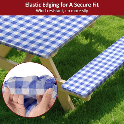 7ft 84in Picnic Table and Bench Cover, 3 Pack, Blue-White Checkered | Drawstring Bag, Waterproof Windproof, Elastic Fitted Edges Tablecloth, for Rectangle Table & Seat, Camping Essentials RV Gear