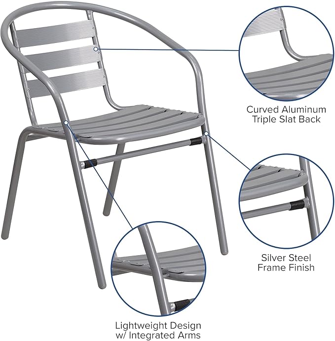 Flash Furniture Lila Silver Metal Restaurant Stack Chair with Aluminum Slats