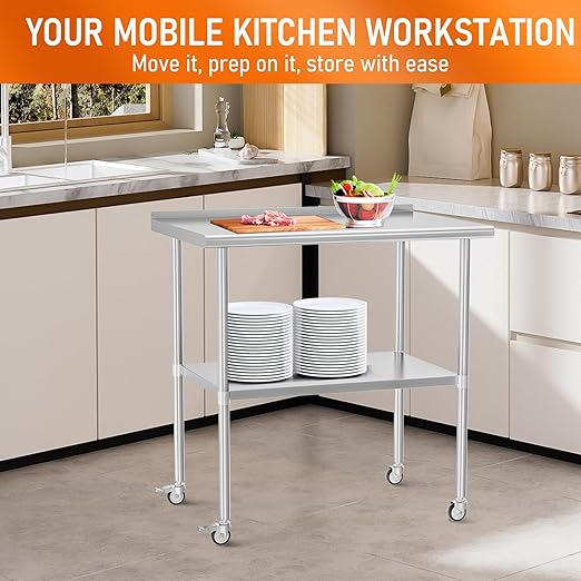 Stainless Steel Prep Table 30" X 36" with Adjustable Undershelf, Backsplash and Wheels, Commercial Metal Workstations for Kitchen, Garage, Home and Hotel