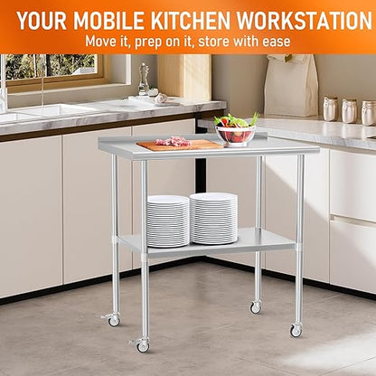 Stainless Steel Prep Table 30" X 36" with Adjustable Undershelf, Backsplash and Wheels, Commercial Metal Workstations for Kitchen, Garage, Home and Hotel