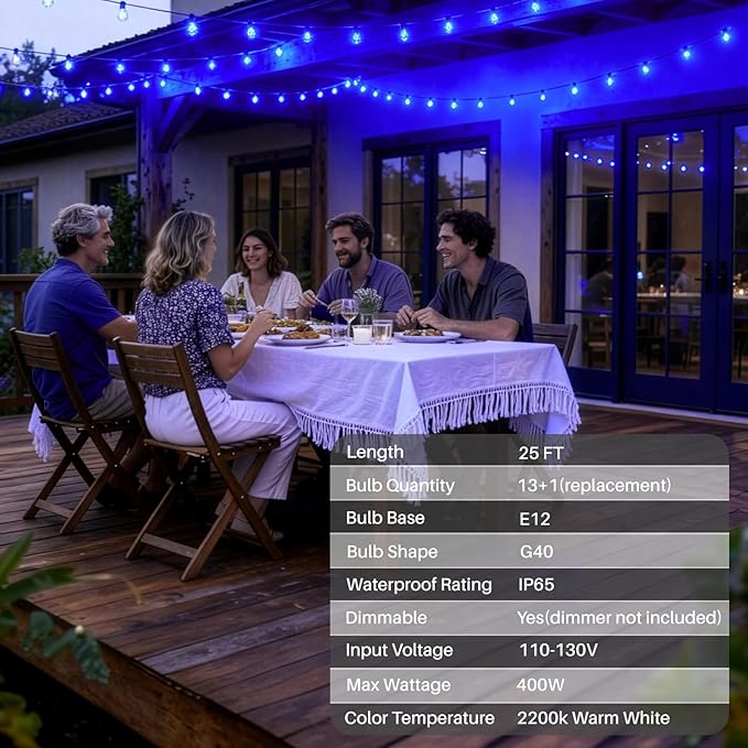 25 FT Blue Outdoor String Lights G40 Globe Shatterproof Patio Lights,13 Plastic Edison Bulbs(1 Spare) IP65 Waterproof Dimmable LED Bulbs for Backyard Porch Balcony Party Decor, E12 Base
