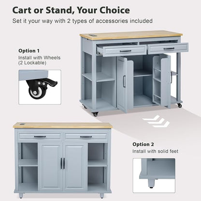 Ball & Cast Kitchen Island with Extendable Dining Table,Rubber Wood Veneer Kitchen Table W/Internal Storage Rack,Power Outlet & USB Ports,Kitchen Cart On Wheels W/2 Drawers & 2 Cabinets,Grey Blue,47"