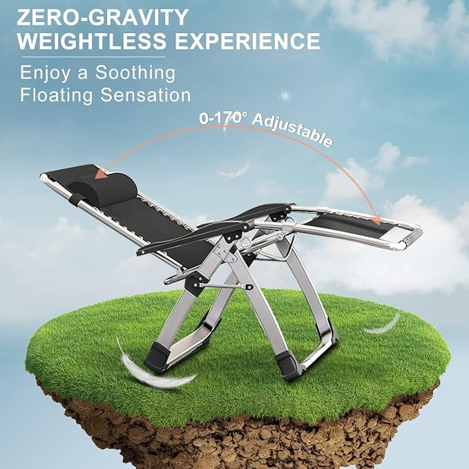 ABORON Zero Gravity Chair, Adjustable Outdoor Recliner with Removable Cushion, Headrest & Side Tray, Folding Lounge Chair for Patio, Lawn, Poolside & Camping