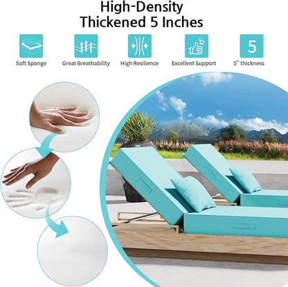 Outdoor Water-Resistant Olefin Chaise Lounge Cushions with Pillow, Weather and Fade Resistant Patio Furniture Lounge Chair Cushion Ideal for Patio, Lawn, Garden, Turquoise, 72"L x 21"W x 5"T