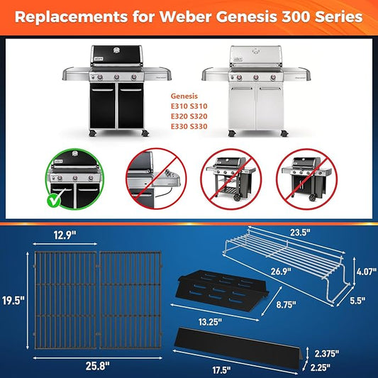 Grill Parts for Weber Genesis 300 Series with Front-Mounted Control, Fits Weber Genesis E310 E320 E330 Series, Grill Grates 7524 + Flavorizer Bars 7621 + Heat Deflector 7622 + Warming Rack 65054