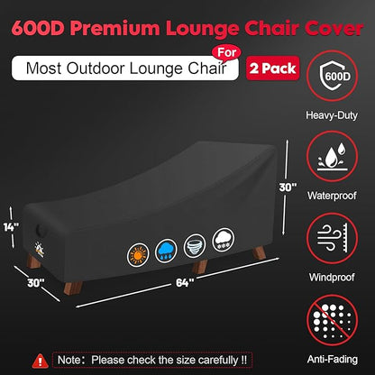 Zettum Outdoor Lounge Chair Cover 2 Pack - Waterproof Patio Chaise Lounge Chair Cover, 600D Fade-Resistant Outdoor Seating Covers For Pool Lounge Chair, Lawn Bench Furniture 64 x 30 x 30 Inch