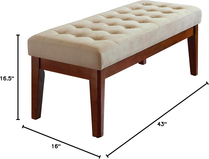 Elle Decor Claire Button Tufted Upholstered Bedroom Bench, Modern Fabric Padded Ottoman with Wooden Legs, Beige