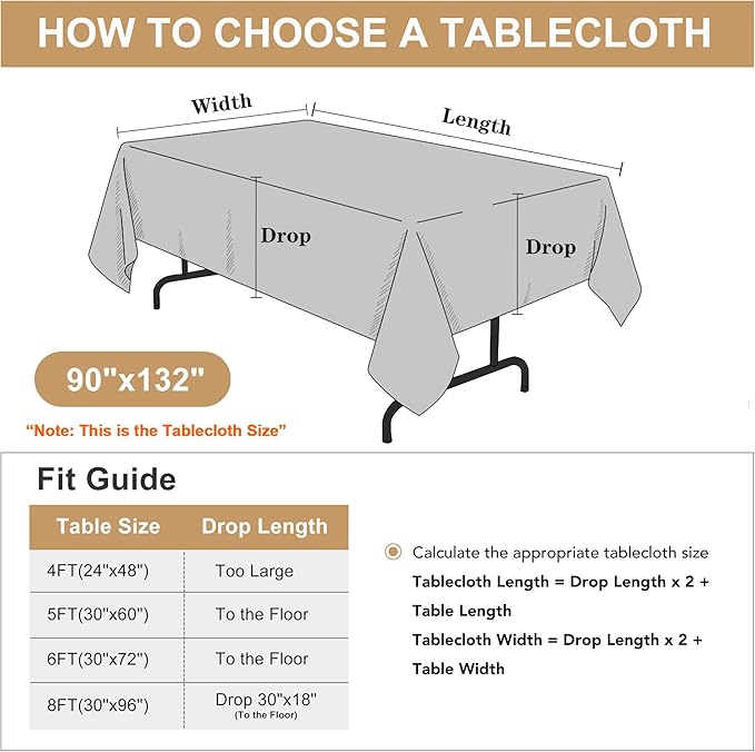 sancua Rectangle Tablecloth - 90 x 132 Inch - Water Resistant Spill Proof Washable Polyester Table Cloth, Decorative Fabric Table Cover for Dining Tables, Buffet Parties and Camping, Light Grey