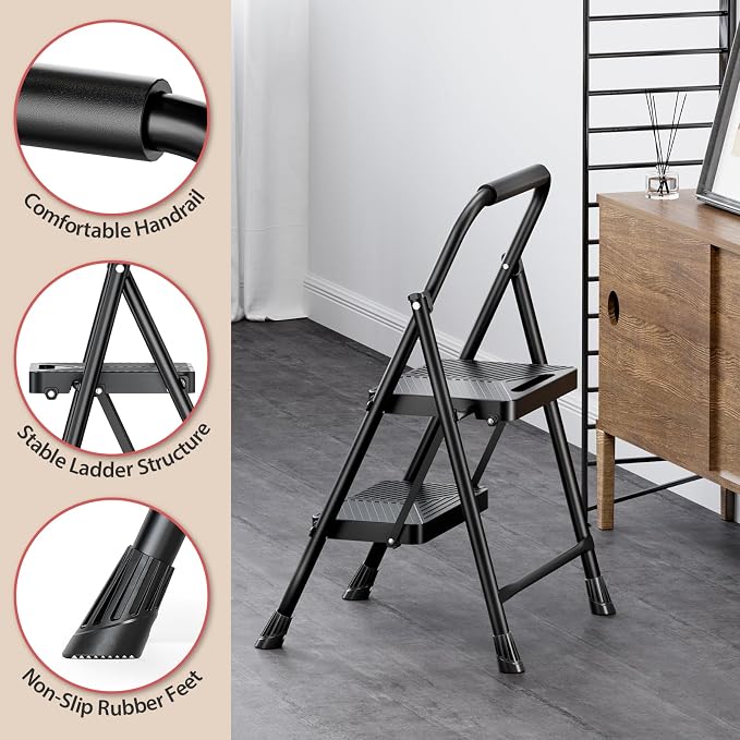 KINGRACK 2 Step Ladder, Folding Step Stool with Anti-Slip Pedals | Heavy Sturdy Steel ladder with Handrail, Safe-Lock Design, Multi-Purpose, Home, Kitchen, Pass 500lbs Load Testing, Black