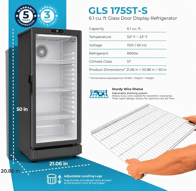 GRS Commercial Display Refrigerator, Glass Door Lock, Black, 6.0 Cu. Ft