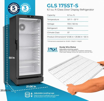 GRS Commercial Display Refrigerator, Glass Door Lock, Black, 6.0 Cu. Ft