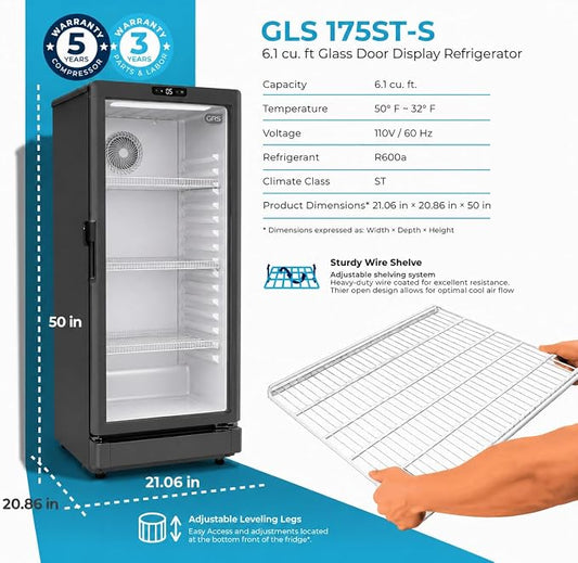 GRS Commercial Display Refrigerator, Glass Door Lock, Black, 6.0 Cu. Ft