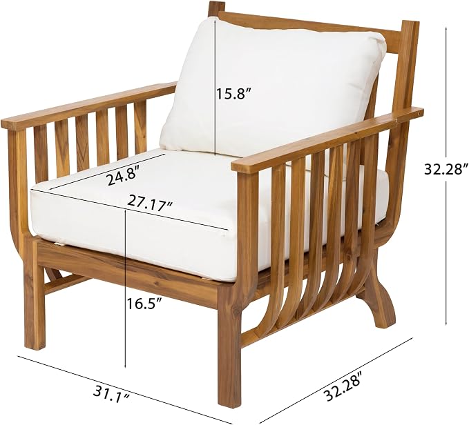 Christopher Knight Home Acacia Wood Outdoor Patio Club Chair Set of 2, Mid Century Modern Deep Seating Lounge Chairs with Armrests, Cushions & Back Pillows for Porch Balcony Backyard, Natural+Beige
