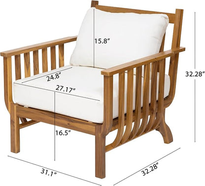 Christopher Knight Home Acacia Wood Outdoor Patio Club Chair, Mid Century Modern Lounge Chair with Armrests, Cushions & Back Pillow, Deep Seating Accent Chairs for Porch Balcony Garden, Natural+Beige