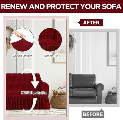 Fanfanwin 3 Pcs Sofa Slipcover Set for Couch Cushion Durable Washable High Elastic Stretchable Furniture Couch Covers with Skirt for Sofa Loveseat Arm Chair(Burgundy,Seersucker)