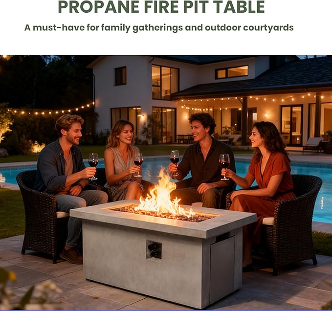 60" Propane Fire Pit Table, 60,000 BTU Concrete Rectangular Outdoor Fire Pit with Electronic Ignition, Dual Storage, Natural Gas Convertible, Weather-Resistant for Outdoor Patio, Backyard, Garden