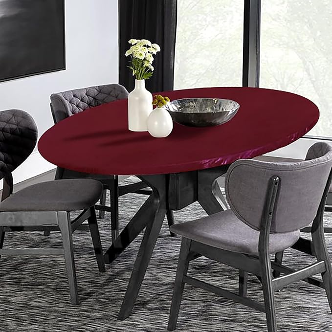 LUSHVIDA Round Waterproof Table Cover Elastic Tablecloth Vinyl Fitted Table Cloth Elastic Edged Plastic Table Cover,(Fits Tables up to 45"-56" R, Burgundy)