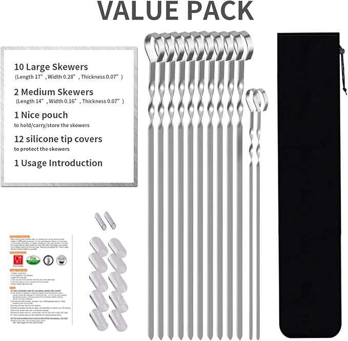 Skewers - 17" Kabob Skewers for Grilling, Metal Sticks for Kabobs Stainless Steel Flat Long Shish Kebab Reusable Grill BBQ Barbecue Sticks for Meat Chicken Vegetable, 12 Pack Bonus 14 Inch