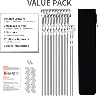 Skewers - 17" Kabob Skewers for Grilling, Metal Sticks for Kabobs Stainless Steel Flat Long Shish Kebab Reusable Grill BBQ Barbecue Sticks for Meat Chicken Vegetable, 12 Pack Bonus 14 Inch