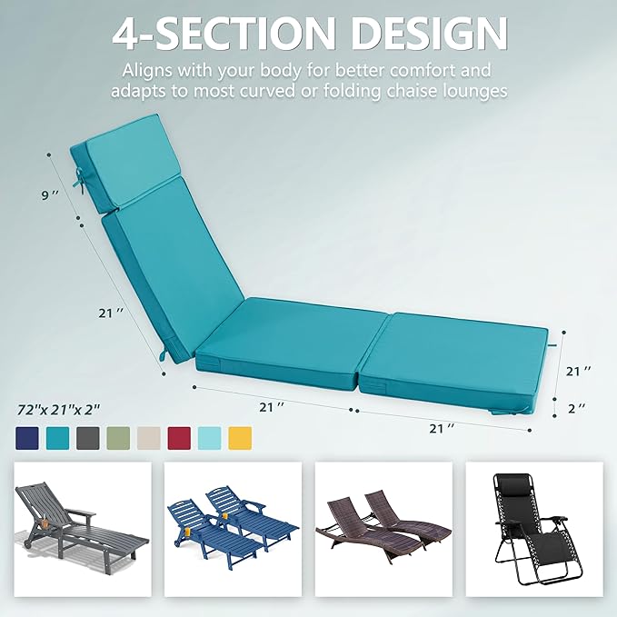 72 x 21 Inch Outdoor Chaise Lounge Cushion - Removable Cover, 4-Section Design, Water-Repellent & Fade-Resistant, 6 Tie Straps, Replacement for Patio & Pool Chairs - Teal