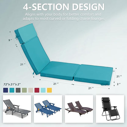 72 x 21 Inch Outdoor Chaise Lounge Cushion - Removable Cover, 4-Section Design, Water-Repellent & Fade-Resistant, 6 Tie Straps, Replacement for Patio & Pool Chairs - Teal