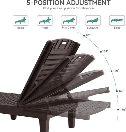 YITAHOME Outdoor Chaise Lounge Chair, Plastic Pool Chaise Lounge with 5-Position Backrest, Easy Assembly & Waterproof for Patio & Poolside, Set of 2, Brown