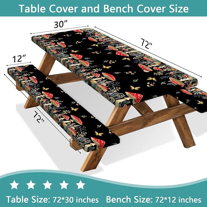 Mushroom Picnic Table Cover with Bench Covers, Camping Essentials, Waterproof Windproof Camping Tablecloth, Fitted Tablecloth Cover with Elastic Edge, for Indoor & Outdoor, Garden, 3 PCS, 30x72 Inch