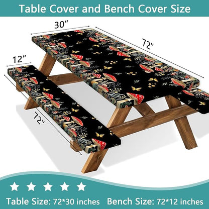 Mushroom Picnic Table Cover with Bench Covers, Camping Essentials, Waterproof Windproof Camping Tablecloth, Fitted Tablecloth Cover with Elastic Edge, for Indoor & Outdoor, Garden, 3 PCS, 30x72 Inch