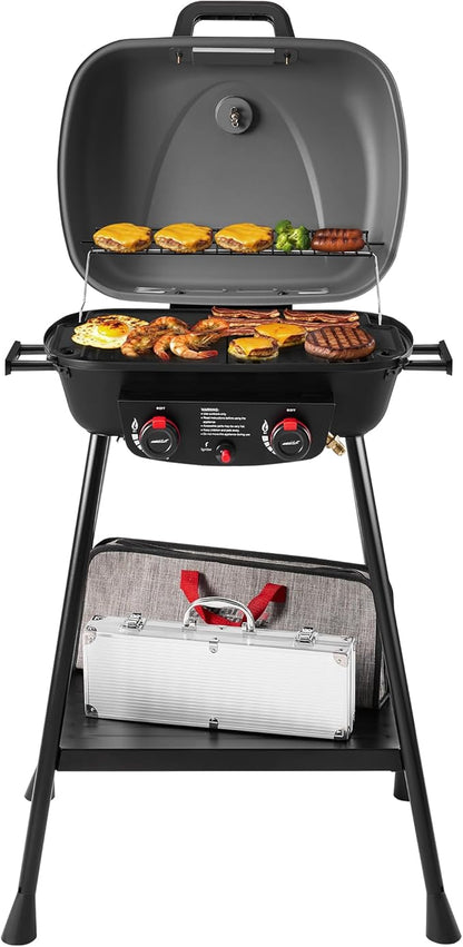 Royal Gourmet GT2003 Portable 2 Burner Propane Gas Grill with Stand and Warming Rack, 2-in-1 Grill Griddle Combo with 17,000 BTUs Output forCamping, Tailgating, Backyard, Gray