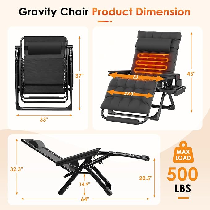 Slendor Heated Oversized Zero Gravity Chairs 33In, XXL Lounge Chair, Black | Anti Gravity Recliner with 3 Heat Levels for Back & Seat, Headrest & Cup Holder, Folding, Supports 500lbs, (Battery Not)