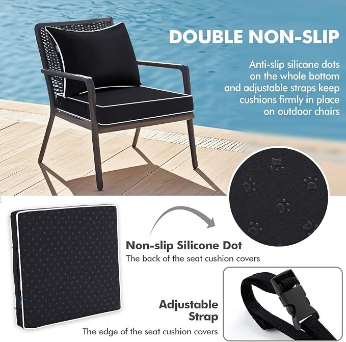MIULEE Black Outdoor Seat Cushion 24x24 Inch Waterproof Cushion | Deep Seat and Back Cushion for Patio Furniture Chair Sofa Couch, Fade Resistant, Handle and Adjustable Straps