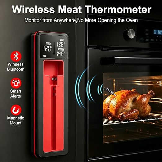 Smart Wireless Meat Thermometer IP67 Ultra-Thin Probe ±0.5℉ Accuracy Bluetooth 230ft Real-Time Monitoring & Smart Alerts with APP Standalone Display Base for BBQ, Oven, Kitchen,Grill,Smoker