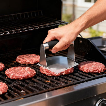 Flattened Burger Press Smash Kit, Includes Stainless Steel Smasher Plate Grill Spatula Seasoning Shaker & Hamburger Patty Papers Griddle Accessories Tools for Flat Top Grill BBQ & Outdoor Cooking
