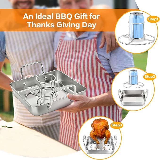 HaSteeL Beer Can Chicken Holder 3Pcs, Includes Stainless Steel Vertical Chicken Roaster Stand Rack, Heavy Duty Roasting Drip Pan & Silicone Oil Brush, Great for Smoker Grill Oven BBQ, Dishwasher Safe