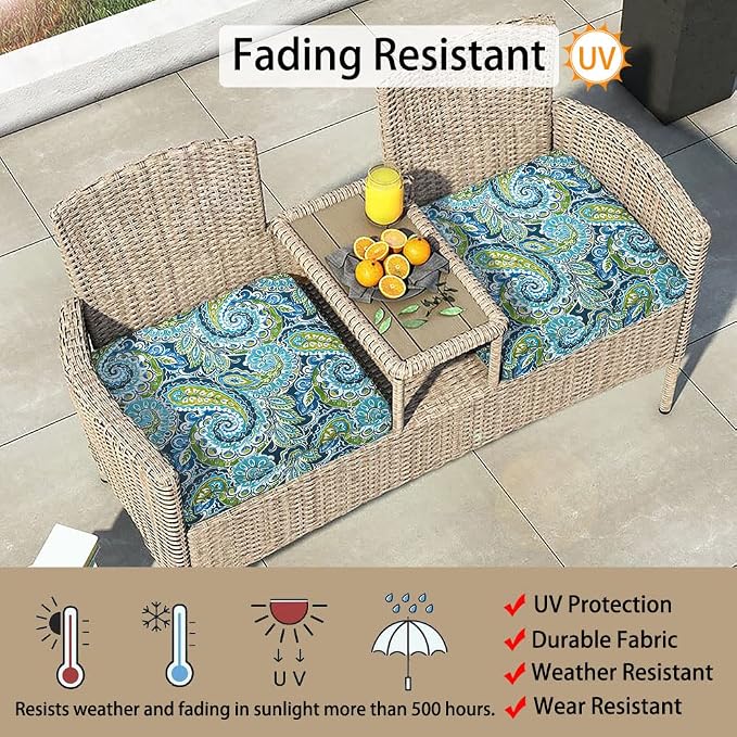 Magpie Fabrics Indoor Outdoor Cushion Cover Replacement 2 Pack, NO Insert! Water Repellent Slipcover with Ties Decor for Patio Garden Chair Seat Sofa Bench Wicker(Paisley Lapis Green, 24x24x4 Inch)