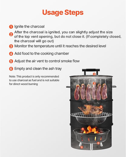 VEVOR Charcoal Smoker Grill, 18.5" Barrel Charcoal BBQ Smoker, Coated Steel Outdoor Barbecue Grill with 2 Grilling Grates, 1 Hanging Rod, 6 Hooks & Thermometer, Ideal for Party Backyard Patio Cooking