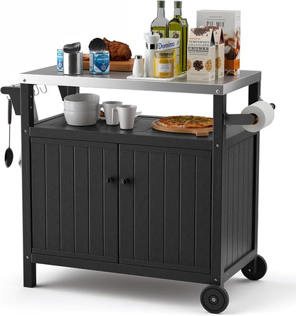 TORVA Portable Outdoor Grill Cart with Storage, Waterproof HDPE BBQ Prep Table for Patio & Backyard, 304 Stainless Steel Top, All-Weather Use, Camping Cart with Wheels, 42.12" L x 20.71" W, Black