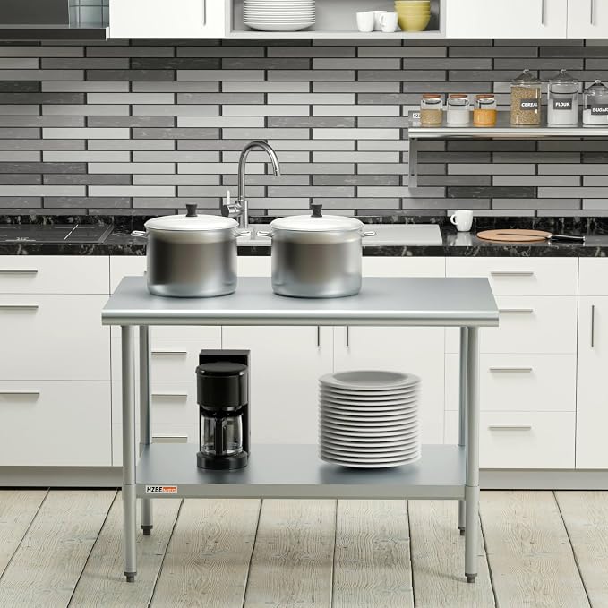 Stainless Steel Prep Table with Undershelf 48x30 Inches 4ft | Heavy Duty Metal Workbench with Adjustable Lower Shelf for Commercial Kitchen Restaurant Laundry Garage Hotel Workshop Chef