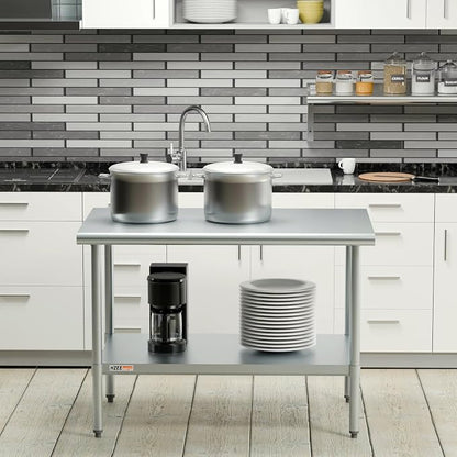 Stainless Steel Prep Table with Undershelf 48x30 Inches 4ft | Heavy Duty Metal Workbench with Adjustable Lower Shelf for Commercial Kitchen Restaurant Laundry Garage Hotel Workshop Chef