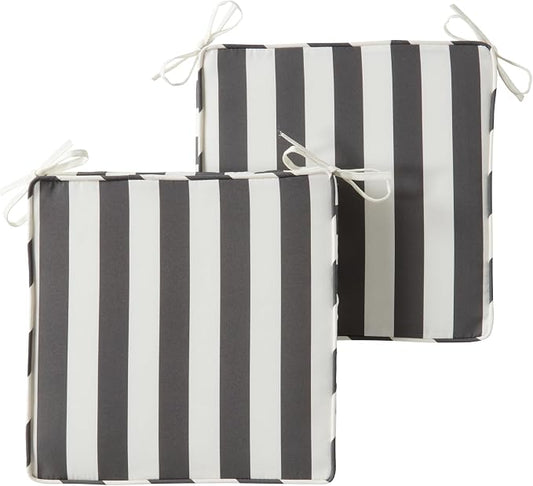 Outdoor 18 inch Square Patio Dining Chair Pads – Comfortable Fiber-Filled Seat Cushions with Ties, Reversible Polyester Fabric - Canopy Stripe Gray, Set of 2