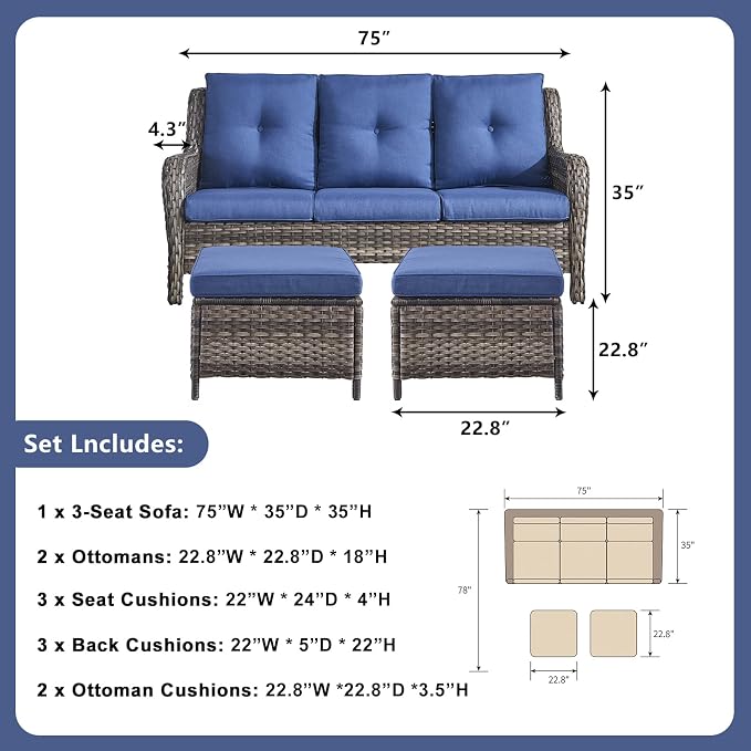 Rilyson Wicker Outdoor Patio Sofa with Ottoman, Large 3 Seater Wicker Patio Couch with 4in Replaceable Seat Cushions and Deep Seating, All Weather for Backyard, Garden, Poolside (Mixed Grey/Blue)