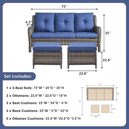 Rilyson Wicker Outdoor Patio Sofa with Ottoman, Large 3 Seater Wicker Patio Couch with 4in Replaceable Seat Cushions and Deep Seating, All Weather for Backyard, Garden, Poolside (Mixed Grey/Blue)